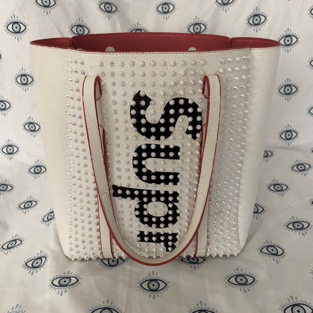 White Studded Tote with Red Trim and Black Accent